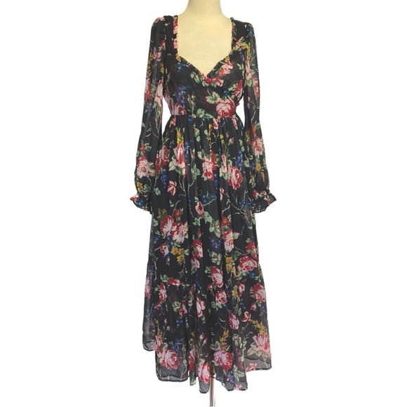 ByTiMo Floral Wrap Bodice Long Sleeve Chiffon Dress in Rose Field - Picture 2 of 14